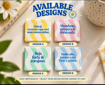 Four colorful Portuguese reminder magnet designs A B C D