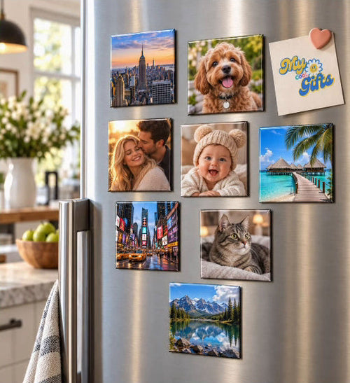 Photo magnets arranged on a refrigerator