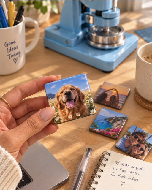Making and arranging personalized photo button magnets
