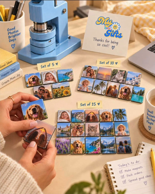 Examples of custom photo button magnet sets